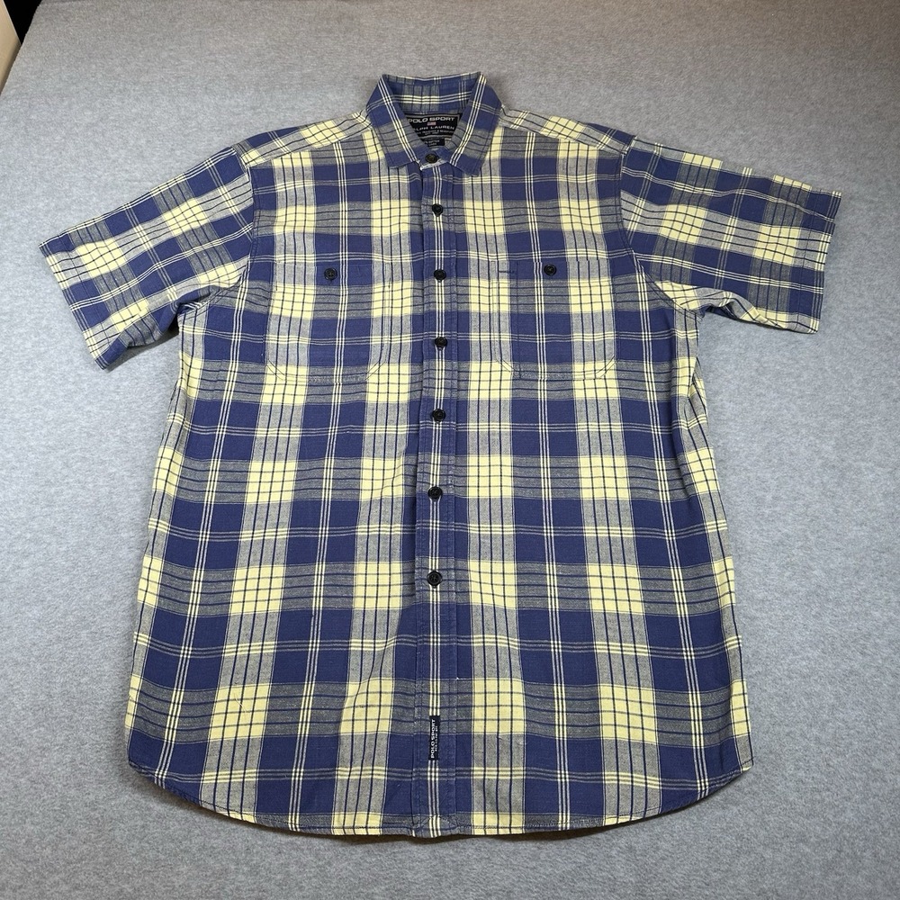 VTG Polo Sport Short Sleeve Shirt Mens M Yellow Blue Plaid Cotton Linen Blend